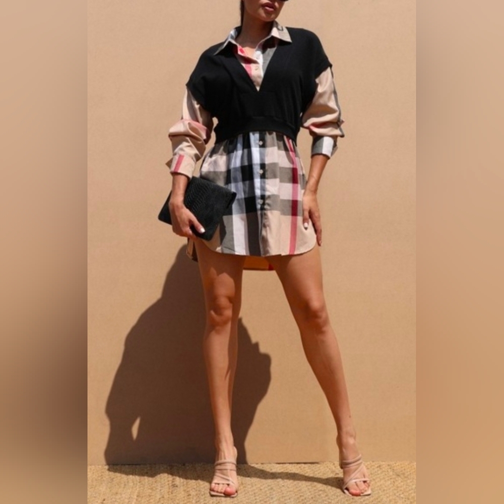 Plaid Button-Up Dress with Black Vest